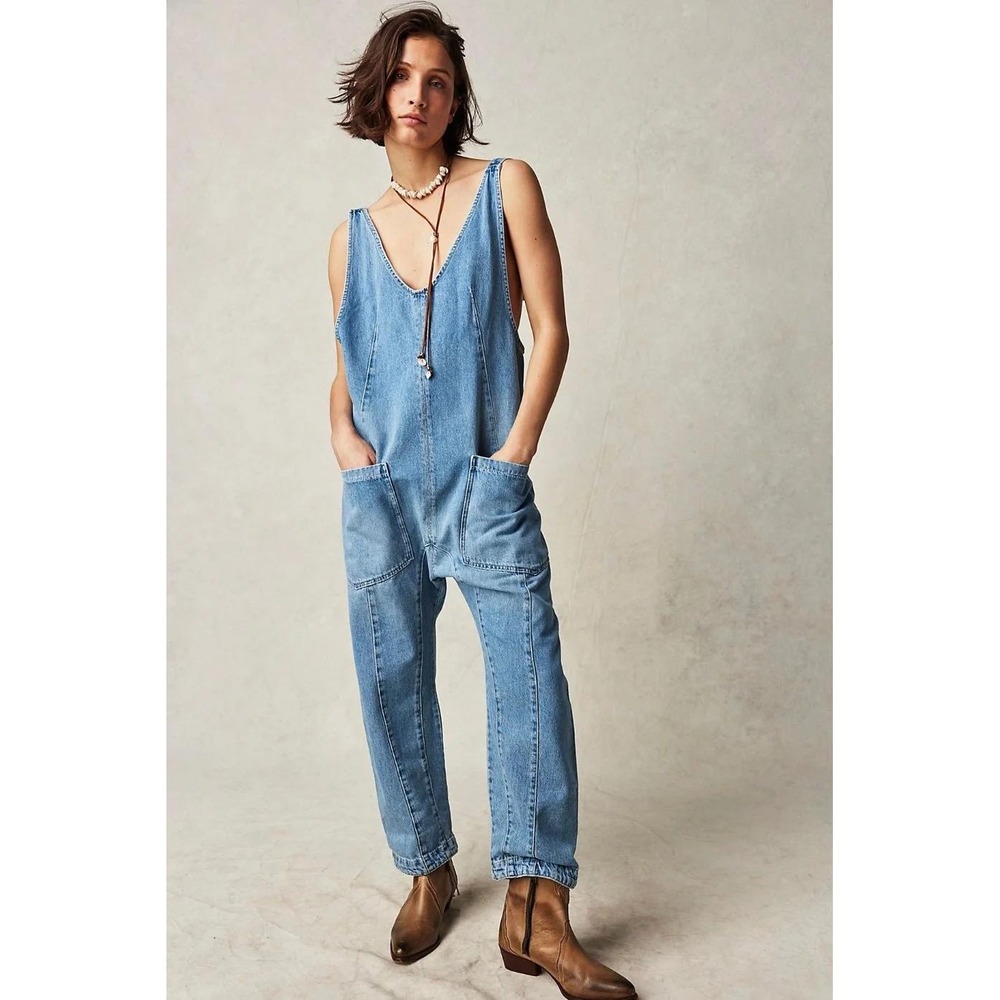 We The Free High Roller Jumpsuit Medium Blue Denim Relaxed Boho Slouchy Overalls